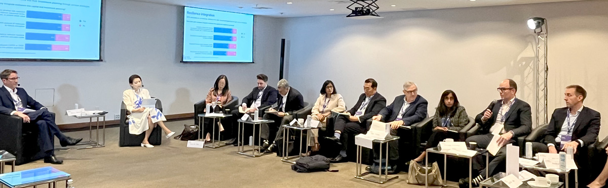 Daniel Cremin, the MSCI Institute’s operating officer (left), and Linda-Eling Lee, the Institute’s founding director (second from left), discuss companies' resilience to physical risk with investors, banks, academics, and industry groups in São Paulo on Nov. 5, 2025.