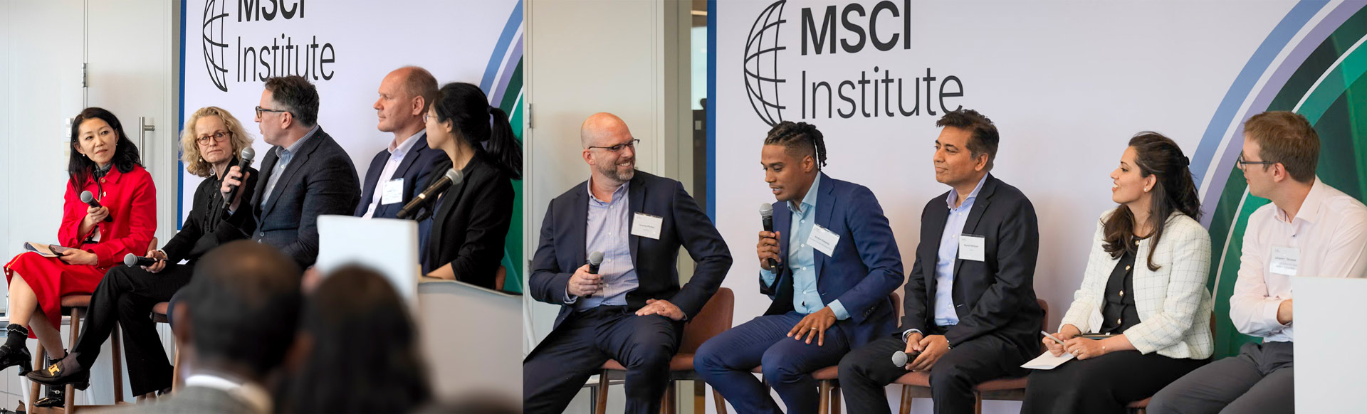 (left to right): Linda-Eling Lee, the MSCI Institute’s founding director; Carine Smith Ihenacho, chief governance and compliance officer, NBIM; Jason Mitchell, CIO for responsible investment, Man Group; Lubos Pastor, professor of finance, University of Chicago Booth School of Business; Shirley Lu, assistant professor of business administration, Harvard Business School; Jeremy Porder, physical climate risk research director, MSCI; Andre Shepley, senior director, Nuveen Responsible Investing; Kunal Motiania, head of risk identification and climate risk, Citi; Ishita Sen, assistant professor of business administration, Harvard Business School; Johannes Stroebel, professor of finance, New York University Stern School of Business